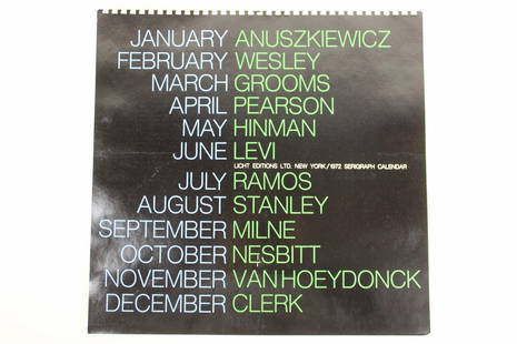 1972 Serigraph Calendar, Licht Editions, 12 Artist Portfolio Prints: 1972 Serigraph Calendar, Licht Editions, 12 Artist Portfolio Prints. This 1972 calendar, copyrighted 1971, is numbered 1832 of 3000 and features artwork by Richard Anuszkiewicz, John Wesley, Red Groom