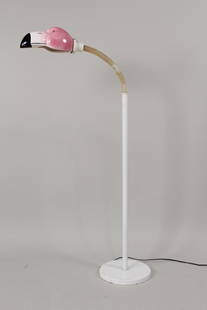 Postmodern Ceramic Flamingo Gooseneck Floor Lamp, George Kovacs: Postmodern Ceramic Flamingo Gooseneck Floor Lamp, George Kovacs. This lamp is a basic 80's floor lamp but with a unique custom ceramic flamingo head shade. The design is attributed to George Kovacs. D