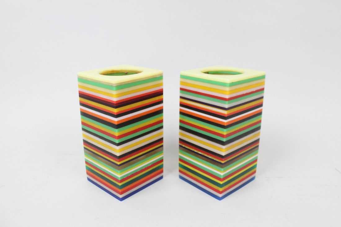 Pair of Multi-Colored Square Rainbow Layered Plastic Candlestick Holders (1 of 9)