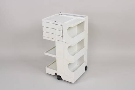 Joe Colombo Boby Portable Storage System Utility Cart: Joe Colombo Boby Portable Storage System Utility Cart. This plastic postmodern trolley rolls on wheels and has open shelves, cubby storage, and hidden stacked trays that swivel out. Marked on undersid