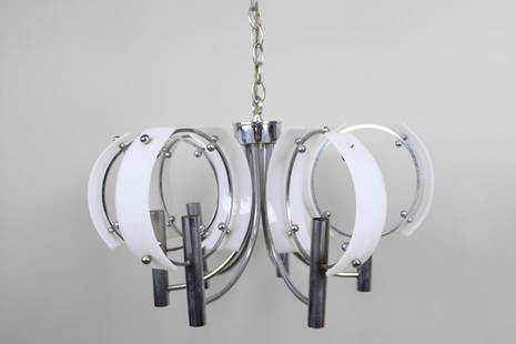 Mid-Century Modern Atomic Chrome & Acrylic Chandleier: Mid-Century Modern Atomic Chrome & Acrylic Chandleier. This hanging ceiling light has curved metal arms with candlestick style bulb holders, shaded by curved white acrylic partial shades, suspended fr