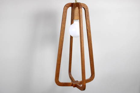 Danish Modern Teak Hanging Lamp: Danish Modern Teak Hanging Lamp. This light fixture hanging from a metal chain features an orb bulb inside a minimalist open frame of wood with bent corners and puzzle style joinery, the four arms can