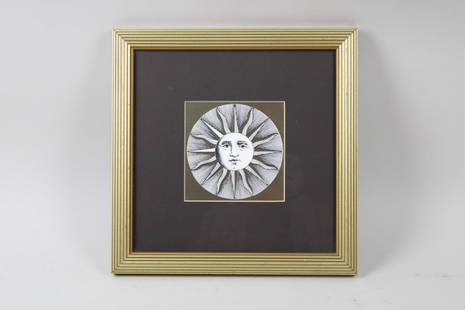 Framed Fornasetti "Soli" Sun Face Print: Framed Piero Fornasetti "Soli" Sun Face Print. This black and white print of Piero Fornasetti's "Sole VI" has gilded accents and a wide black mat set in a golden painted wooden frame. Ready for hangin