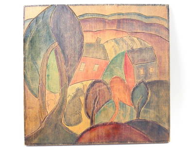 Agnes Weinrich Modernist Painted Wood Printing Block, Landscape with Cow: Agnes Weinrich Modernist Painted Wood Printing Block, Landscape with Cow. Painted wooden printing block, c. 1920, by Provincetown artist Agnes Weinrich. Unsigned but shown in the exhibition catalog fr