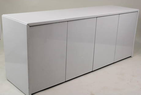 Postmodern Industrial Lacquered 3-Door Credenza Cabinet: Postmodern Industrial Lacquered 3-Door Credenza Cabinet. This 6-foot wide sideboard has cubby storage inside 4 door panels with 3 shelves inside, with minimalist design for an office or studio. Dimens