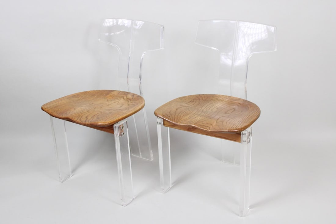 Pair of Mid-Century Modern Lucite & Oak T-Back Chairs (1 of 19)