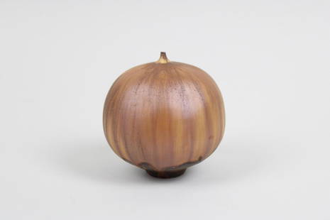 Signed Rose Cabat Ceramic Onion Feelie Vase: Signed Rose Cabat Ceramic Onion Feelie Vase. This bulbous pottery piece by Rose Cabat (American, 1914-2015) is glazed in a satin matte brown striped finish with a very narrow bud opening and a short r