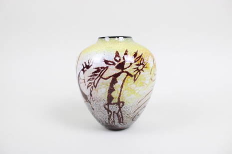 Signed Richard Satava Female Diety Petroglyph Glass Vase: Signed Richard Satava Female Diety Petroglyph Glass Vase. Glass vase with yellow and white exterior, depicting designs of a sun, bird, and goddess in the petroglyph style of California glass artist Ri