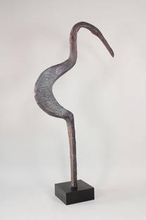 Brutalist Abstract Modern Metal Bird Sculpture: Brutalist Abstract Modern Metal Bird Sculpture. It looks to be copper. It has a unique shape that resembles a crane type of bird. It is on a wood base. Dimensions are 68 in h x 12 in w x 34 in d. Cond