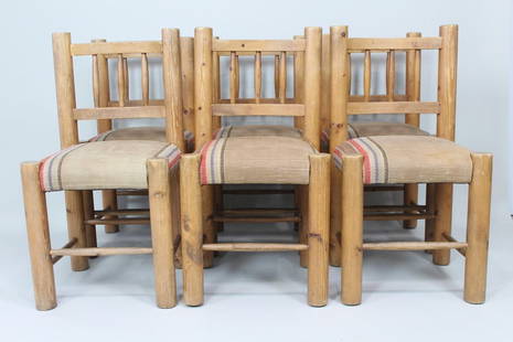 Set of 6 Spanish Pinewood Chairs with Kilim Upholstery: Set of 6 Spanish Pinewood Chairs with Kilim Upholstery. These primitive wooden chairs have thick rounded legs and spindle backs, with a kilim style striped fabric upholstered on the seat cushions. Dim