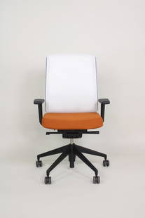 Vitra 'AM' Adjustable Office Chair by Alberto Meda, Contemporary, 1 of 12: Vitra 'AM' Adjustable Office Chair by Alberto Meda, Contemporary, 1 of 12. This ergonomic chair with wheels has a black plastic body with white mesh back rest and orange upholstered seat cushion and