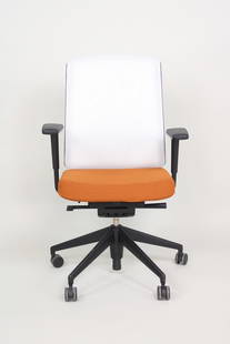 Vitra 'AM' Adjustable Office Chair by Alberto Meda, Contemporary, 3 of 12: Vitra 'AM' Adjustable Office Chair by Alberto Meda, Contemporary, 3 of 12. This ergonomic chair with wheels has a black plastic body with white mesh back rest and orange upholstered seat cushion and