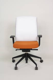 Vitra 'AM' Adjustable Office Chair by Alberto Meda, Contemporary, 5 of 12: Vitra 'AM' Adjustable Office Chair by Alberto Meda, Contemporary, 5 of 12. This ergonomic chair with wheels has a black plastic body with white mesh back rest and orange upholstered seat cushion and a