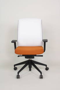 Vitra 'AM' Adjustable Office Chair by Alberto Meda, Contemporary, 5 of 12: Vitra 'AM' Adjustable Office Chair by Alberto Meda, Contemporary, 5 of 12. This ergonomic chair with wheels has a black plastic body with white mesh back rest and orange upholstered seat cushion and a