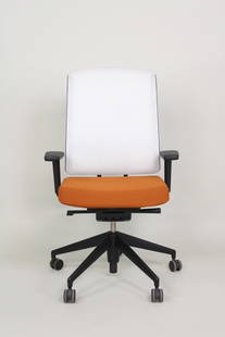 Vitra 'AM' Adjustable Office Chair by Alberto Meda, Contemporary, 7 of 12: Vitra 'AM' Adjustable Office Chair by Alberto Meda, Contemporary, 7 of 12. This ergonomic chair with wheels has a black plastic body with white mesh back rest and orange upholstered seat cushion and a