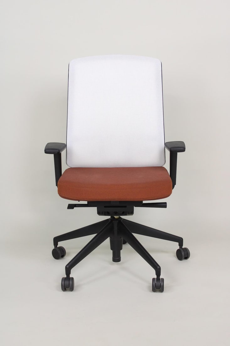 Vitra 'AM' Adjustable Office Chair by Alberto Meda, Contemporary, 10 of 12: Vitra 'AM' Adjustable Office Chair by Alberto Meda, Contemporary, 10 of 12. This ergonomic chair with wheels has a black plastic body with white mesh back rest and brown upholstered seat cushion and a