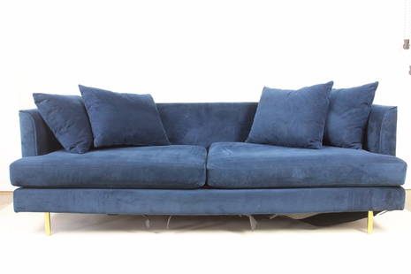 Gus Modern Contemporary Blue Velvet Sofa: Gus Modern Contemporary Blue Velvet Sofa. Sofa upholstered in dark blue velvet with 4 matching pillows and metal legs. Gus Modern tags attached. Dimensions are 28 in h x 84 in w x 34.5 in d. Seat heig