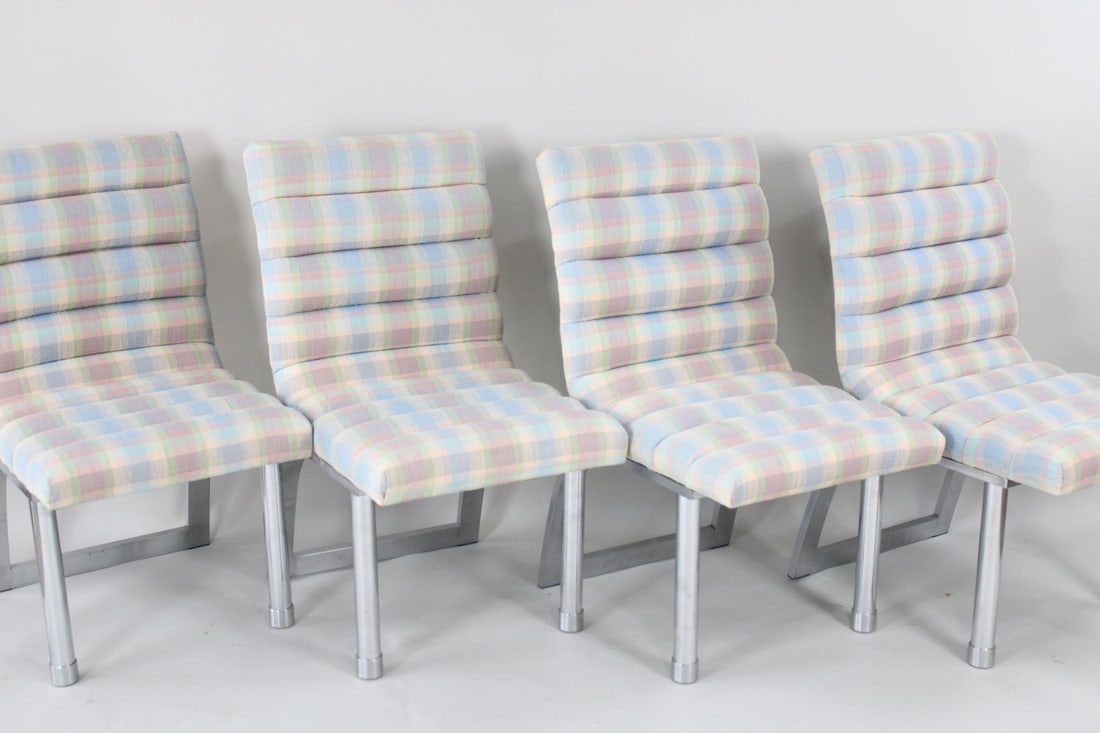 Set of 4 Postmodern "Eclipse" Chairs, Jay Spectre for Century Furniture: Set of 4 Postmodern Pastel Plaid "Eclipse" Chairs, Jay Spectre for Century Furniture. These metal armless frames have curved geometric back legs and tufted stuffed upholstery seats in a rainbow palett