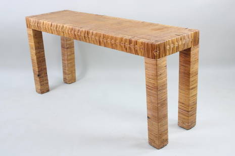 Mid-Century Modern Woven Rattan Console Table, Parsons Style: Mid-Century Modern Woven Rattan Console Table, Parsons Style. This long and narrow side table has squared legs wrapped in rattan, with diamond patterns woven into the top edge bordering the woven tabl