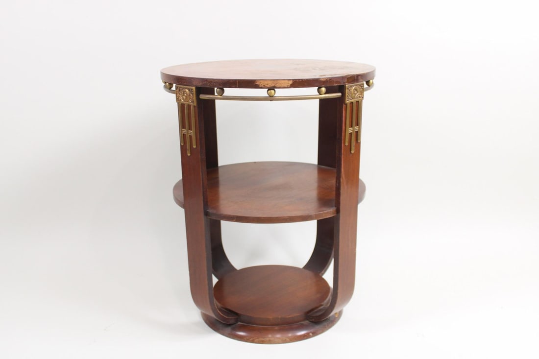 Art Deco Wood & Bronze Round Tiered Side Table (1 of 11)