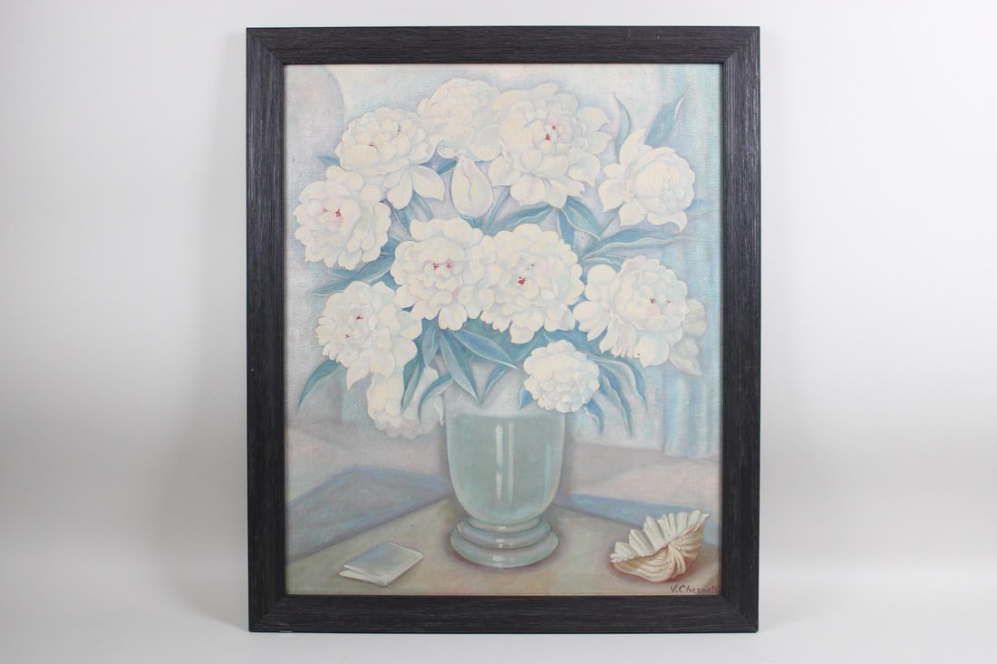 Vadim Chernoff Floral Painting, Peonies: Vadim Chernoff Floral Painting, Peonies. Beautiful still-life of white peonies in a vase with seashell on stretched canvas. Signed lower right by the artist Vadim Chernoff (Ukrainian, 1888-1954) and i