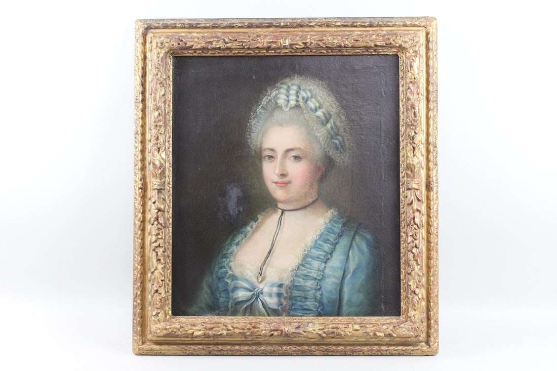 Antique Painting of Woman in Blue: Antique Portrait Painting of Woman in Blue, 18th Century. This lovely portrait on canvas of a lady in 18th century dress features a blue and white dress with matching hair ribbon, and black choker wit