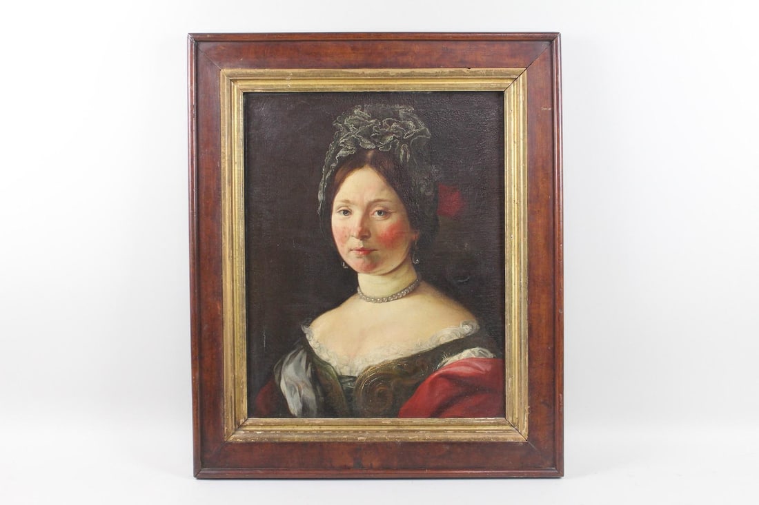 Antique Painting of a Woman with Pearls & Earrings: Antique Painting of a Woman with Pearls & Earrings. Beautiful portrait on canvas of a lady in a corset front dress with a pearl necklace and drop earrings, adorned with a head piece; likely 18th centu