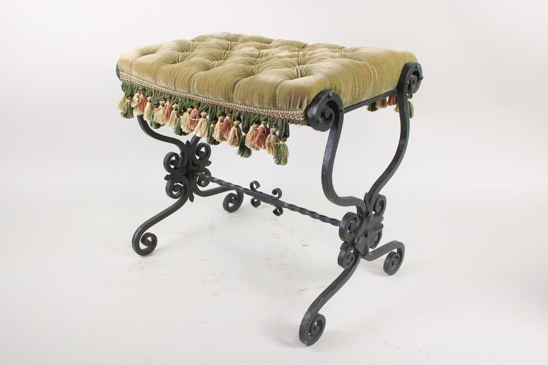 Victorian Wrought Iron Bench Stool with Green Velvet Seat (1 of 13)