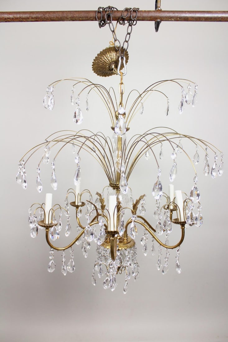Regency Style Brass Chandelier with Glass Crystal Prisms (1 of 15)