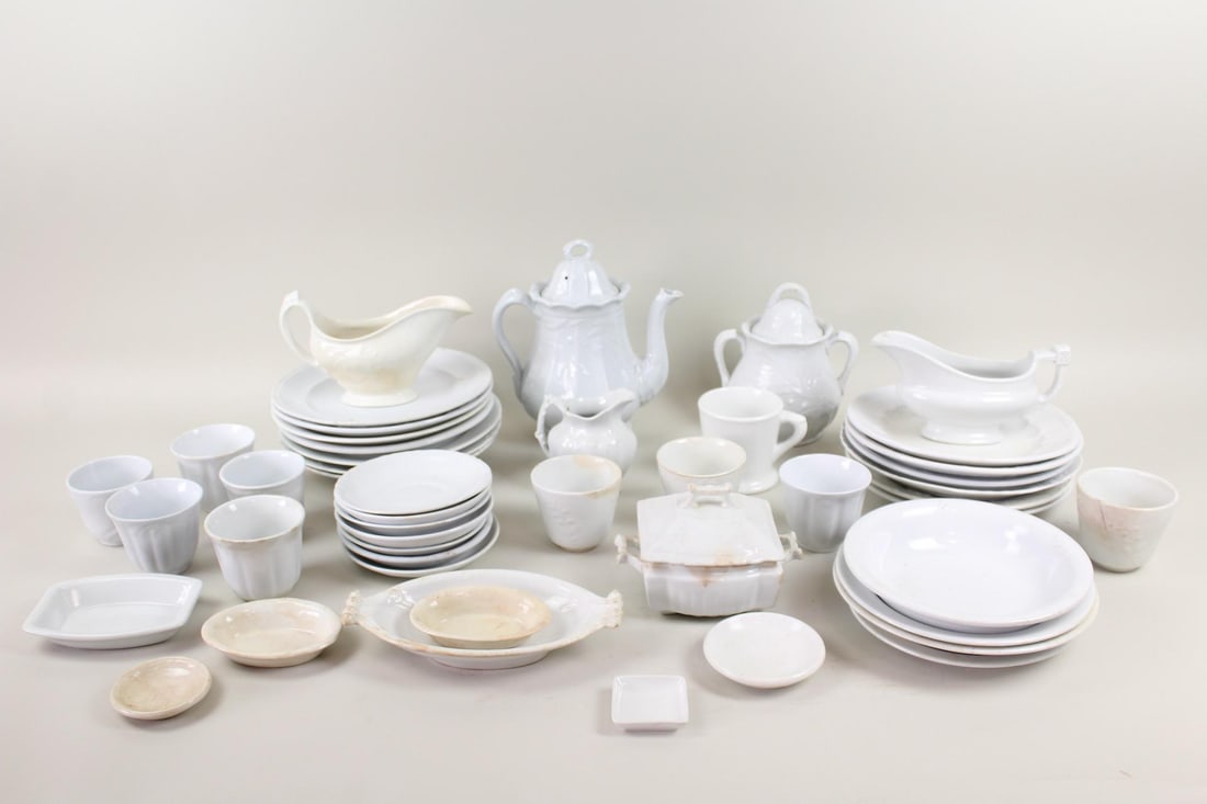 Large Collection of 45 Ironstone Dishes and Serveware: Large Collection of 45 Ironstone Dishes and Serveware. From a variety of makers including Johnson Bros, Mellor & Co, Cockson & Seddock, Anthony Shaw & Son, Turner, Goddard & Co and more. Includes 12 p