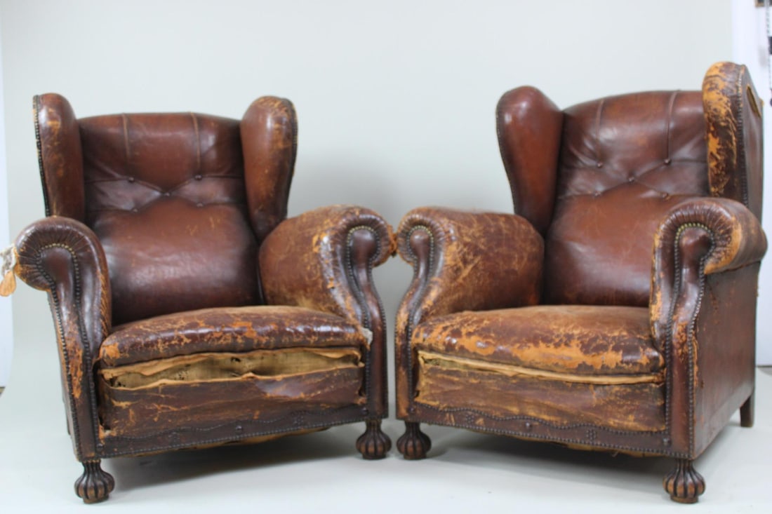 Pair of Distressed Studded Leather Wingback Club Chairs (1 of 19)