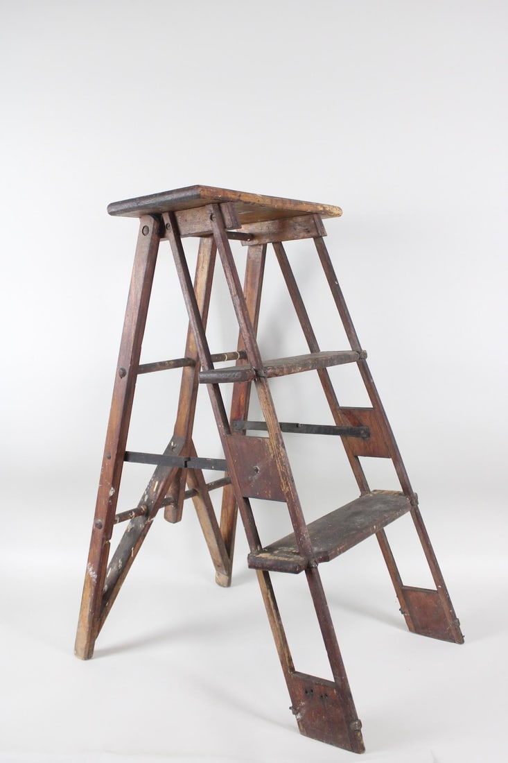 Antique Industrial Wooden Folding Step Stool Ladder (1 of 9)