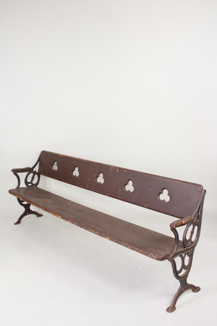 19th C. Gothic Revival Wood & Cast Iron Railroad Bench, Dated 1870 (1 of 12)