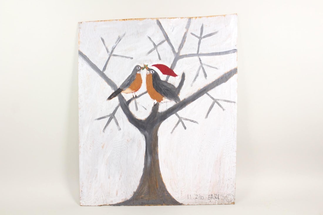 Earl Swanigan Outsider Art Painting, Pair of Christmas Robins (1 of 8)