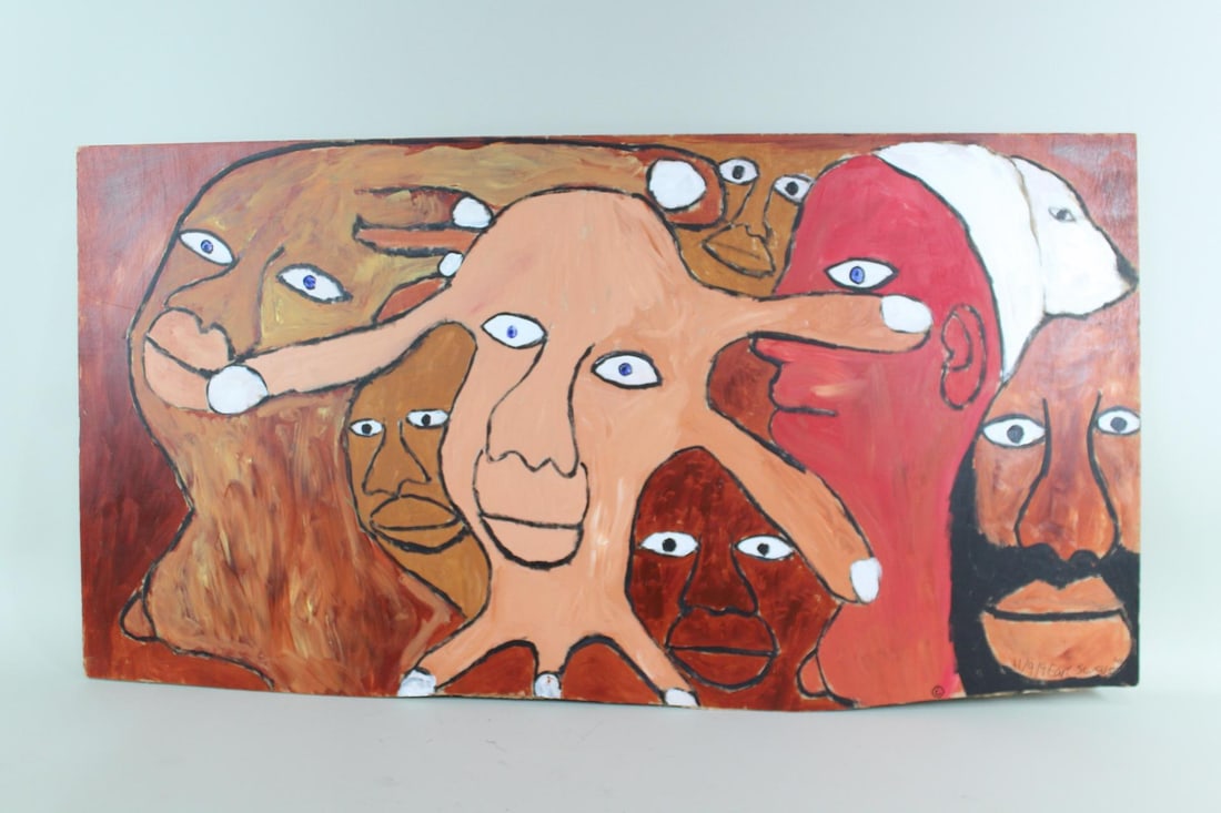 Earl Swanigan Outsider Art Painting, Surreal Faces: Earl Swanigan Outsider Art Painting, Surreal Faces. A painting on found wood by Earl Swanigan (1964-2019), Hudson NY's famous outsider artist, of 7 human faces, two of which have large fingers growing