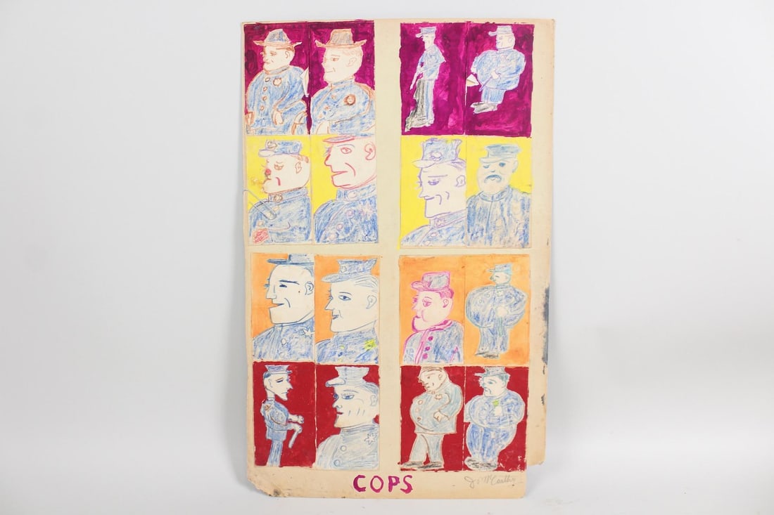 Justin McCarthy Outsider Art Mixed Media Drawing, "COPS" (1 of 11)