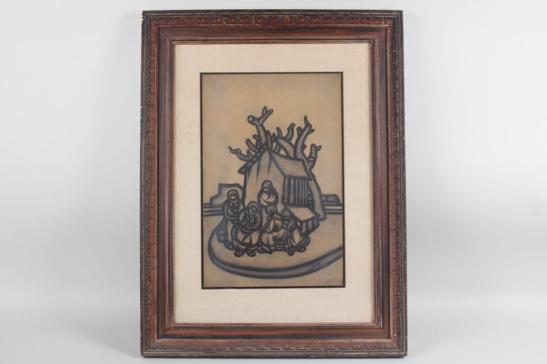 Miklos Farkashazy "Beggar Women" Charcoal Drawing: Signed Miklos Farkashazy "Beggar Women" Drawing, Framed. This black charcoal drawing by Miklos Farkashazy (Hungarian, 1895-1964) features a group of huddled women in front of an abstract building and 