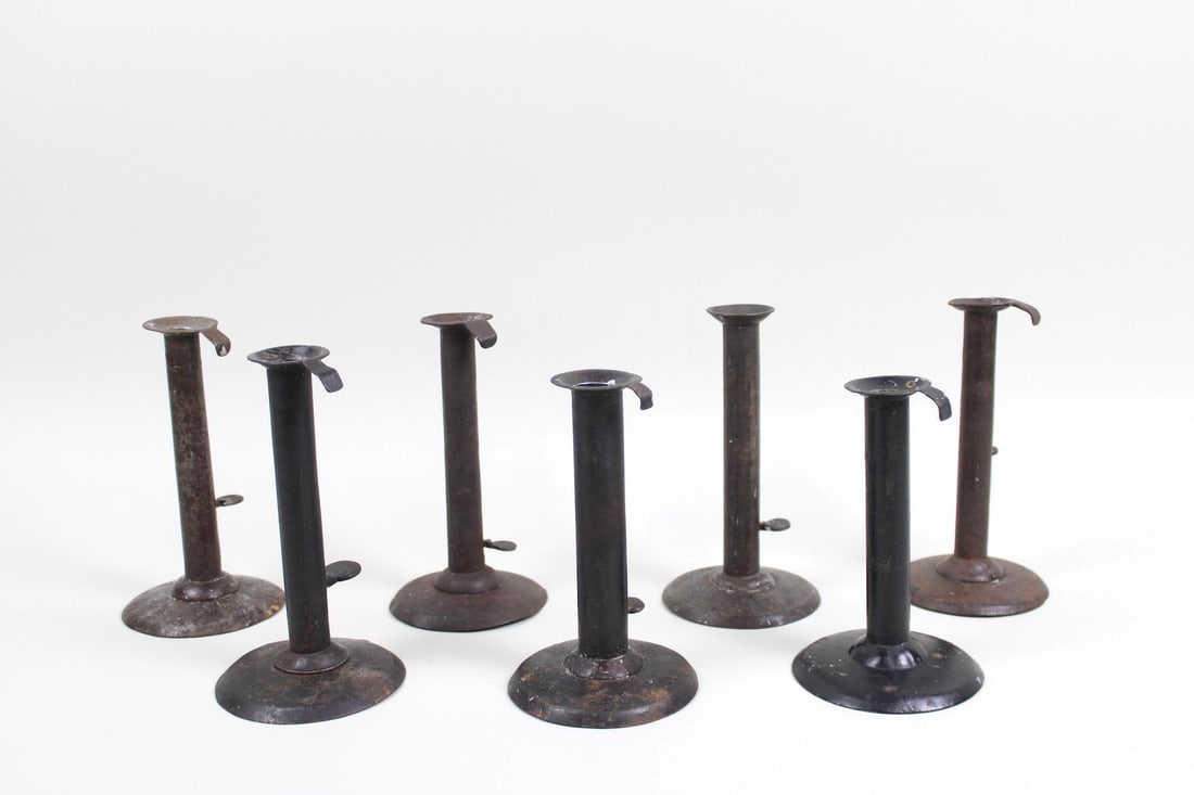 Lot of 7 Hogscraper Candlesticks, Primitive Metal Push-Ups (1 of 10)