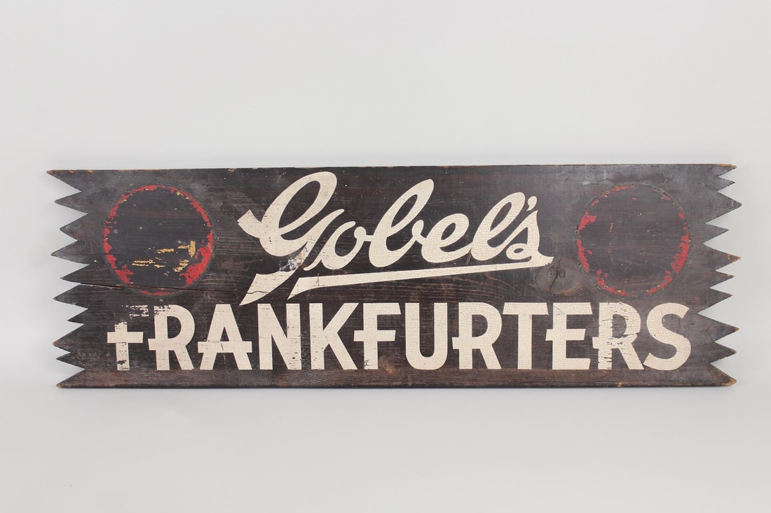 Wooden Gobel's Meat Frankfurters Painted Sign, Hot Dog: Wooden Gobel's Meat Frankfurters Hand Painted Sign. This long wooden advertisement for Brooklyn-based delicatessen meat distributor Gobel's has hand painted lettering and pointed ends. Wired across ba
