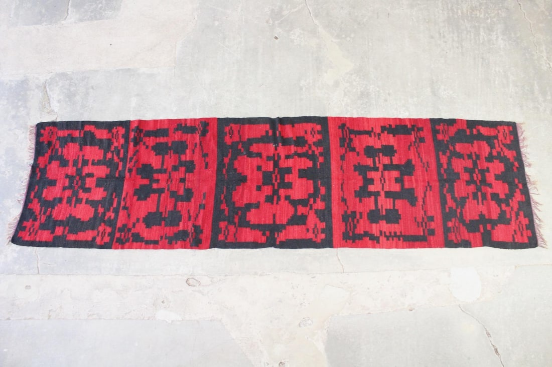 11.5-Foot Red & Black Flat Weave Runner Rug, Greek, Mid Century Modern (1 of 7)