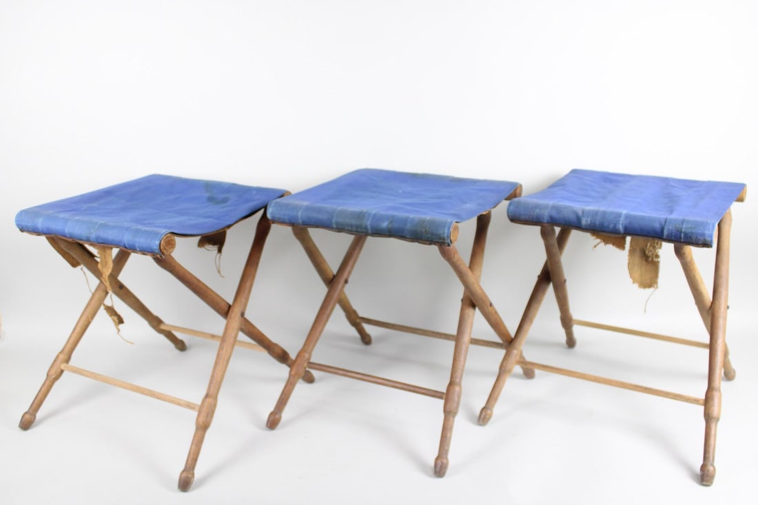 Lot of 3 Vintage Blue Fabric & Wood Folding Camp Stools (1 of 12)