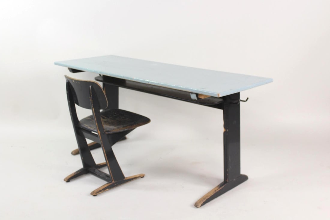 Mid-Century Industrial Wooden School Desk & Chair, Jean Prouve Style (1 of 17)