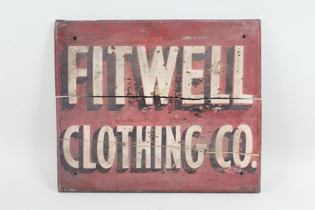 Early Hand Painted Wooden Sign for Fitwell Clothing Co., Vintage Workwear (1 of 9)