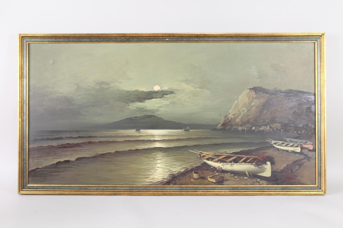 Framed Long Painting of Moonlit Shore, Fishing Boats: Framed Long Painting of Moonlit Shore, Fishing Boats. This textural painting features a moon shining on the waves at night with fishing boats along the shore and a small mountain settlement visible in