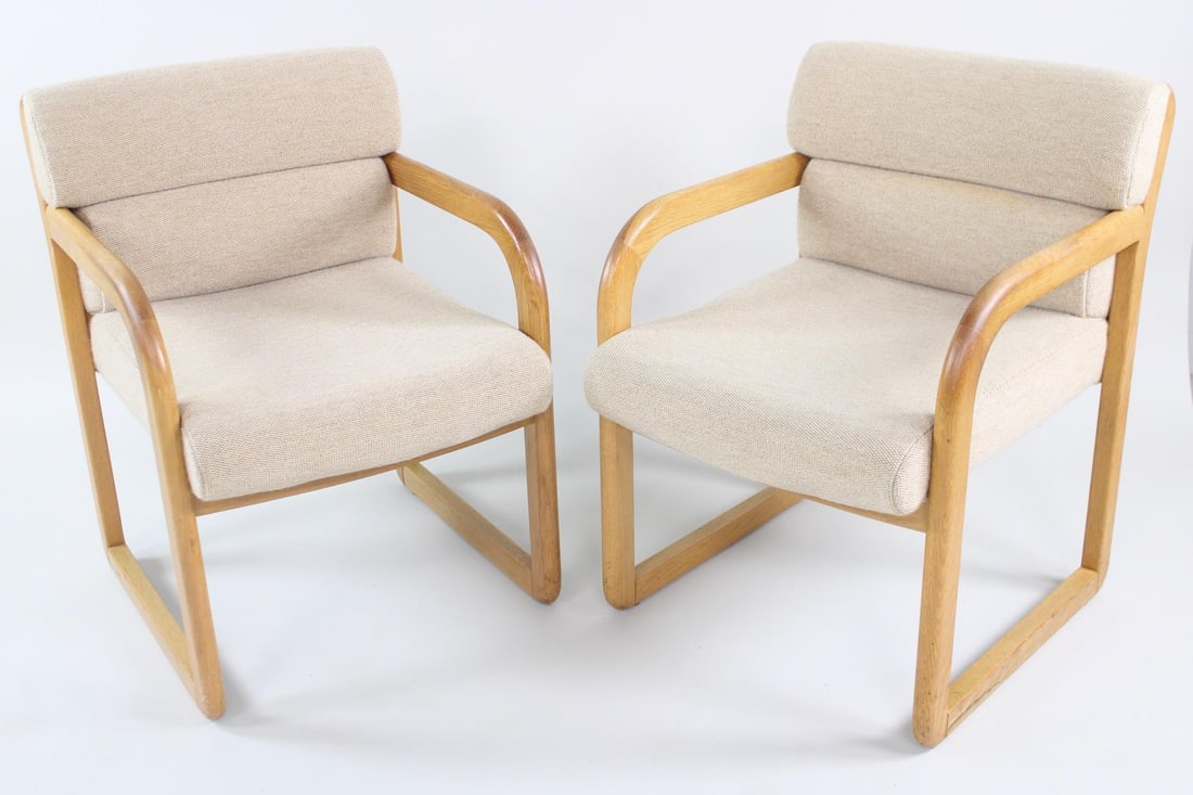 Pair of Beige Upholstered Wooden Arm Chairs, Hardwood House (1 of 9)