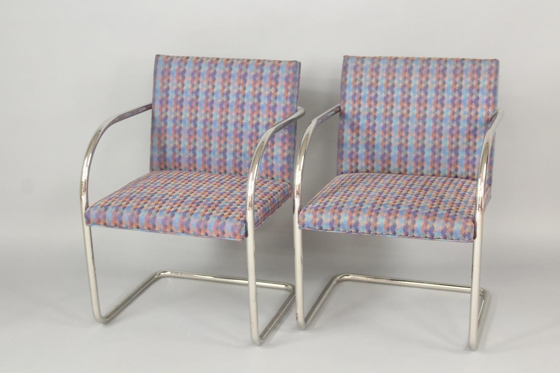 Pair of Chrome Tubular Brno Chairs by Brueton, Diamond Upholstery, 2 of 2: Pair of Chrome Tubular Cantilever Brno Chairs by Brueton, Geometric Upholstery. This pair of chairs are a tubular Brno chair made by Brueton. Dimensions are 31 in h x 22 in w x 24 in d. Seat height is