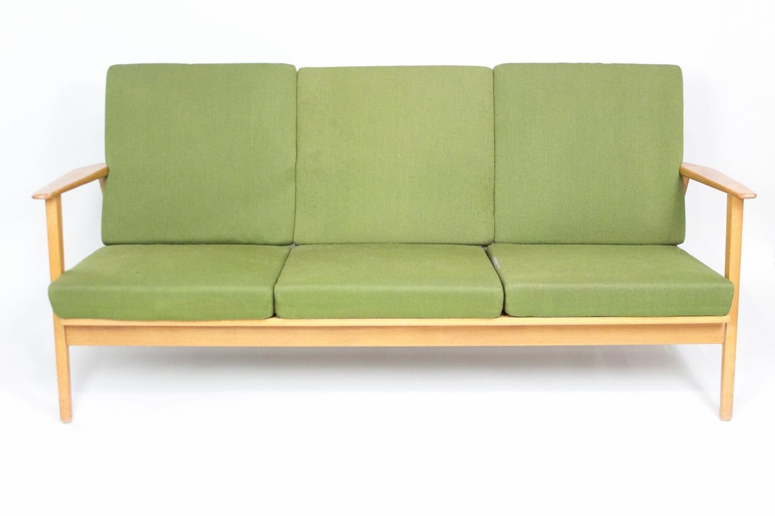 Mid-Century Danish Modern Slatted Back Sofa with Green Cushions (1 of 10)