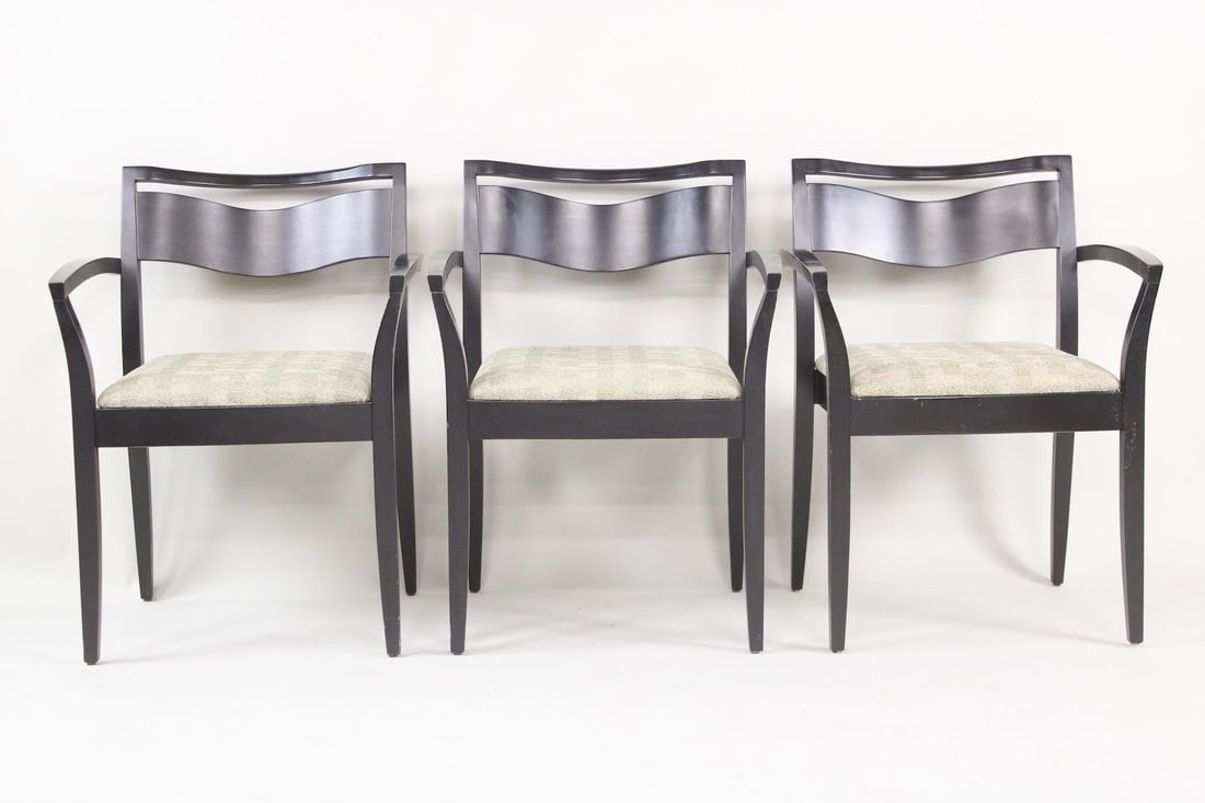 Set of 3 Ebonized Wood JR Armchairs, Knoll Studio by Ricchio: Set of 3 Ebonized Wood JR Armchairs, Knoll Studio by Ricchio. With tan/green upholstered seats and plaque reading Ricchio JR Knoll Studio 1995 on the underside of each chair. Dimensions are 31.25 in h