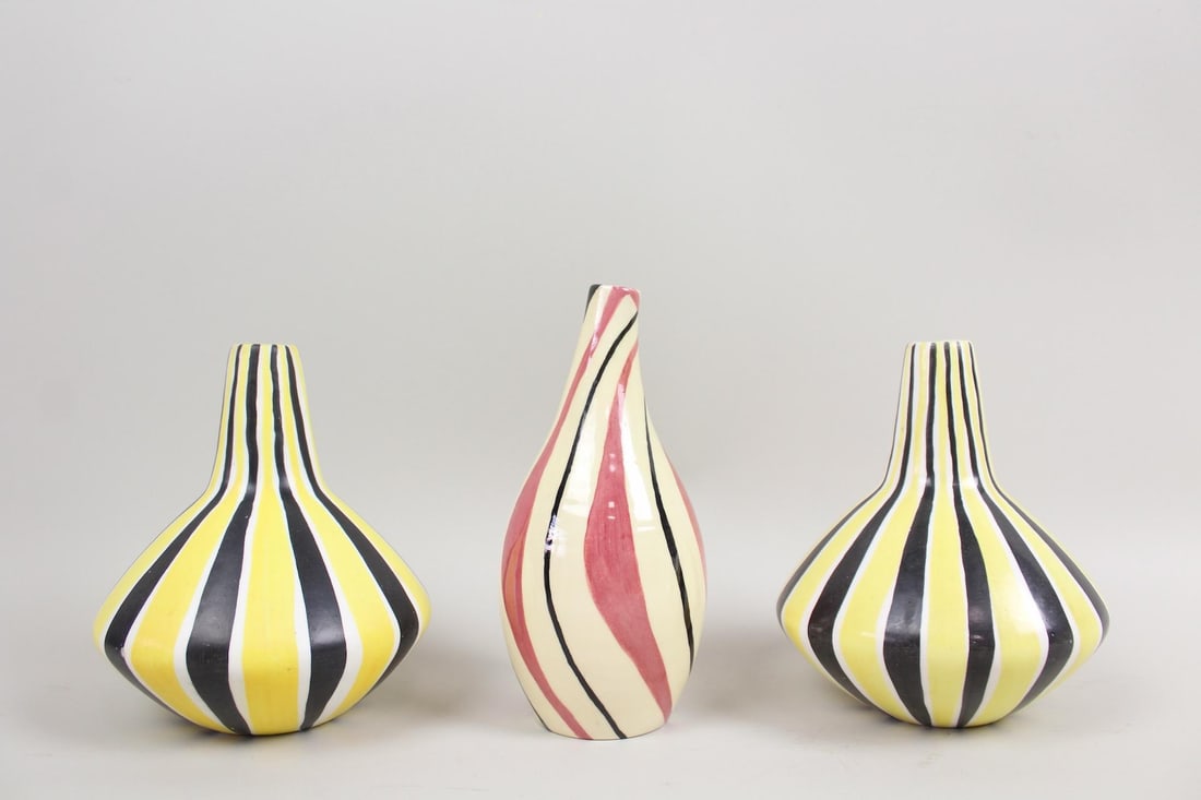Lot of 3 Mid-Century Modern Striped Ceramic Vases (1 of 14)