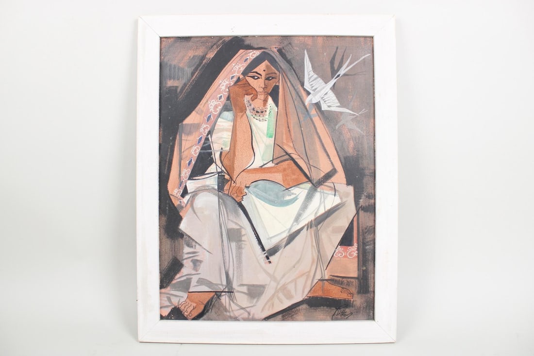 Signed & Framed Gouache Portrait of Indian Woman with Bindi & Bird (1 of 7)